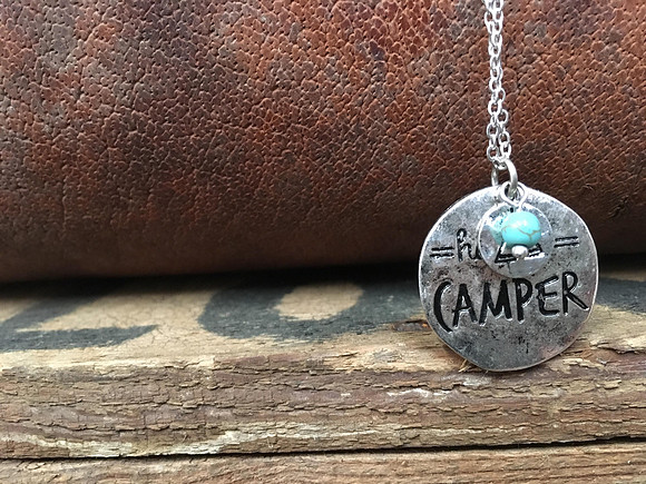 Worn Silver Happy Camper Necklace